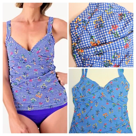 Lands End Tankini Top Sz 12 Blue Lined Gingham Check Floral NWT $52 - Picture 1 of 12